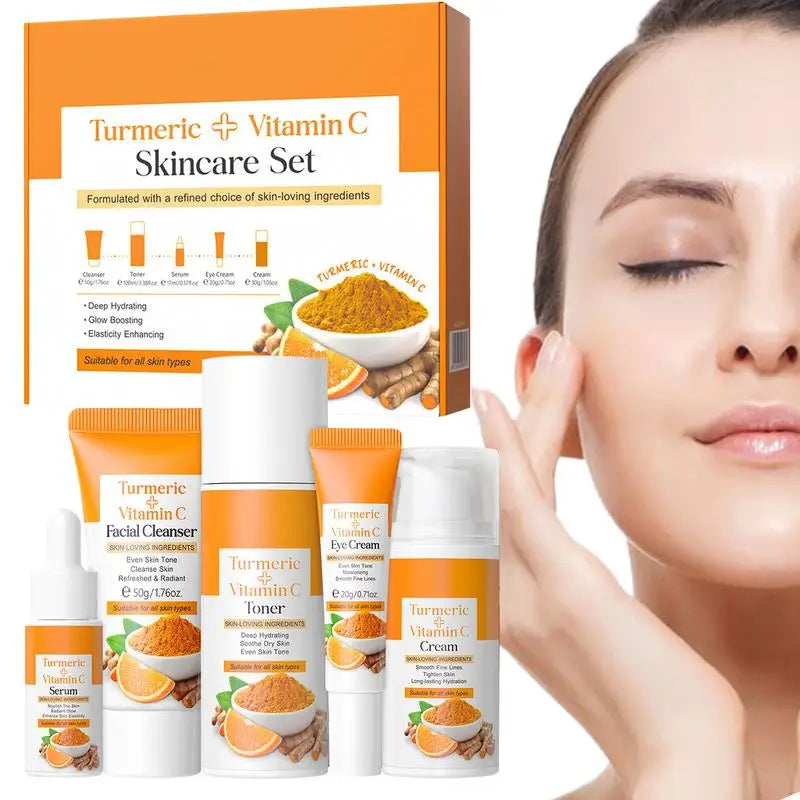 Woman using turmeric skin care set complete 5-step routine for radiant glowing skin
