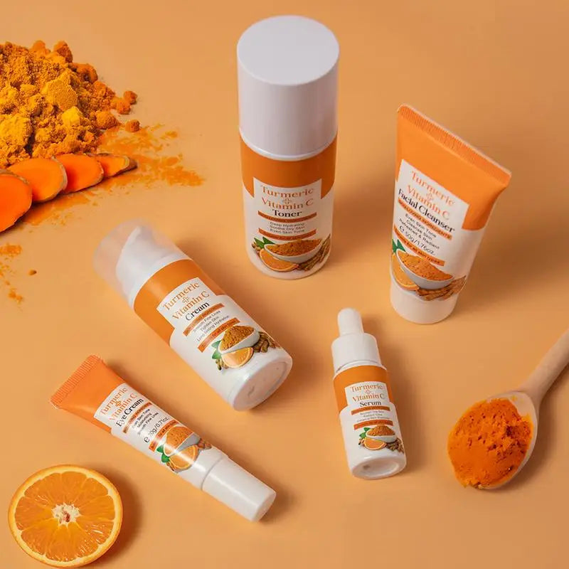 5-piece turmeric skincare kit cleanser cream toner eye cream serum for brightening anti-aging
