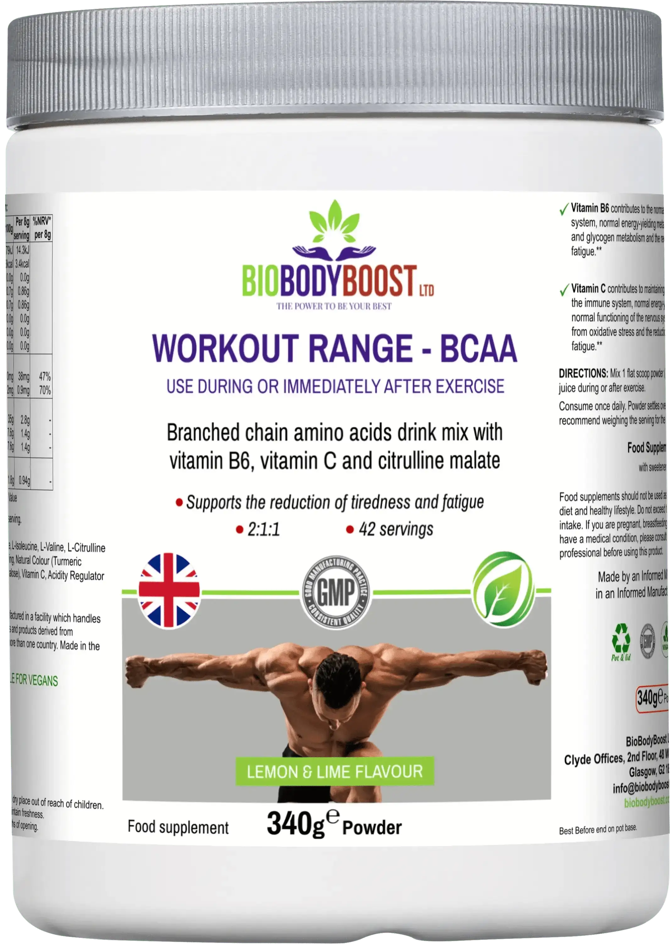 BCAA Amino Acids - Lemon Lime Workout Drink Mix Muscle Recovery 240g