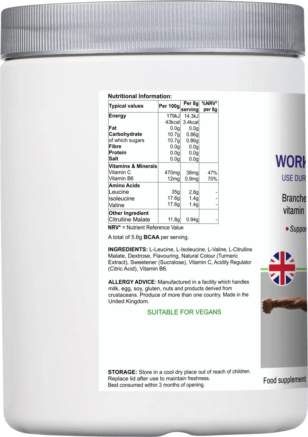 BCAA Amino Acids - Lemon Lime Workout Drink Mix Muscle Recovery 240g