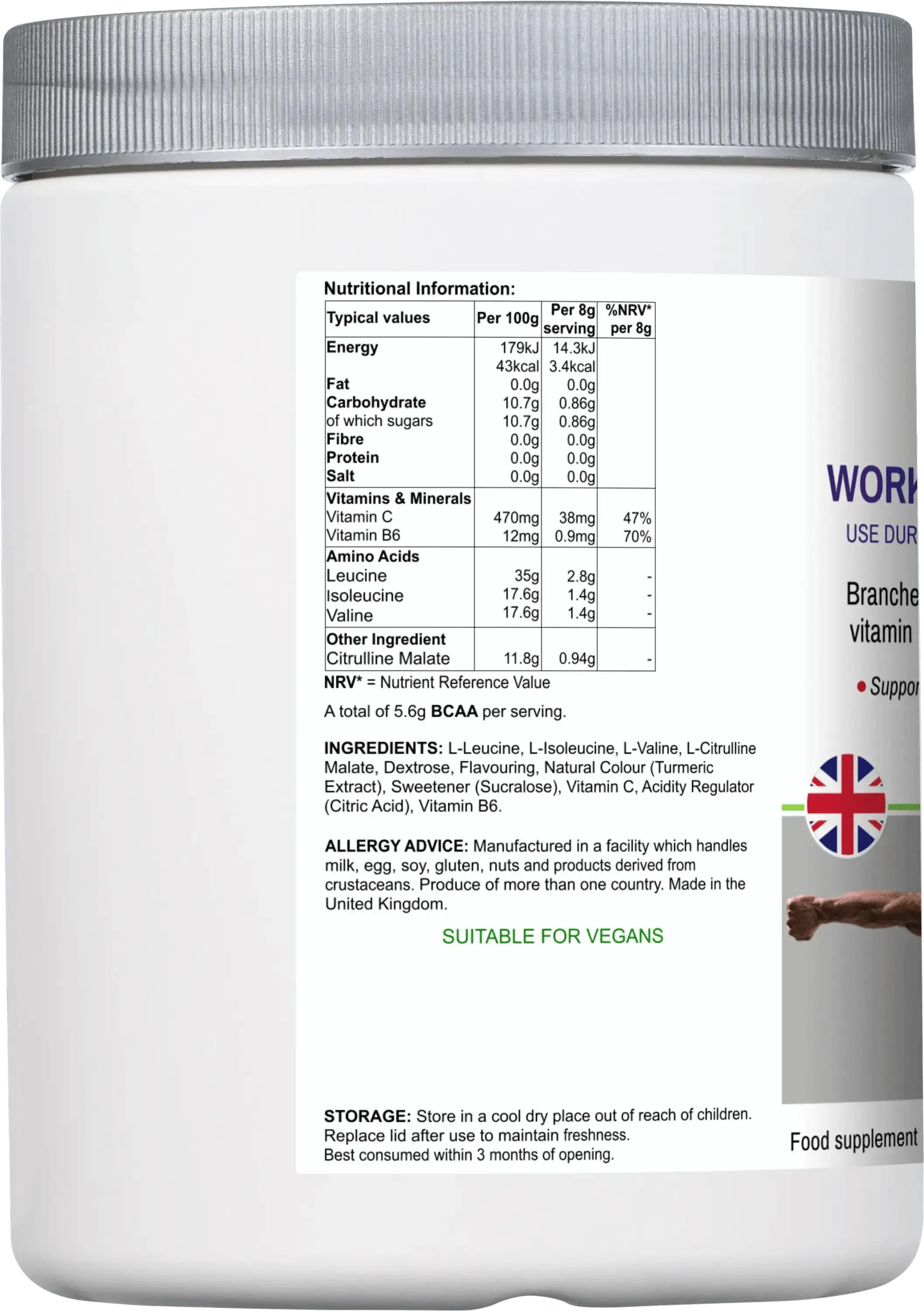 BCAA Amino Acids - Lemon Lime Workout Drink Mix Muscle Recovery 240g