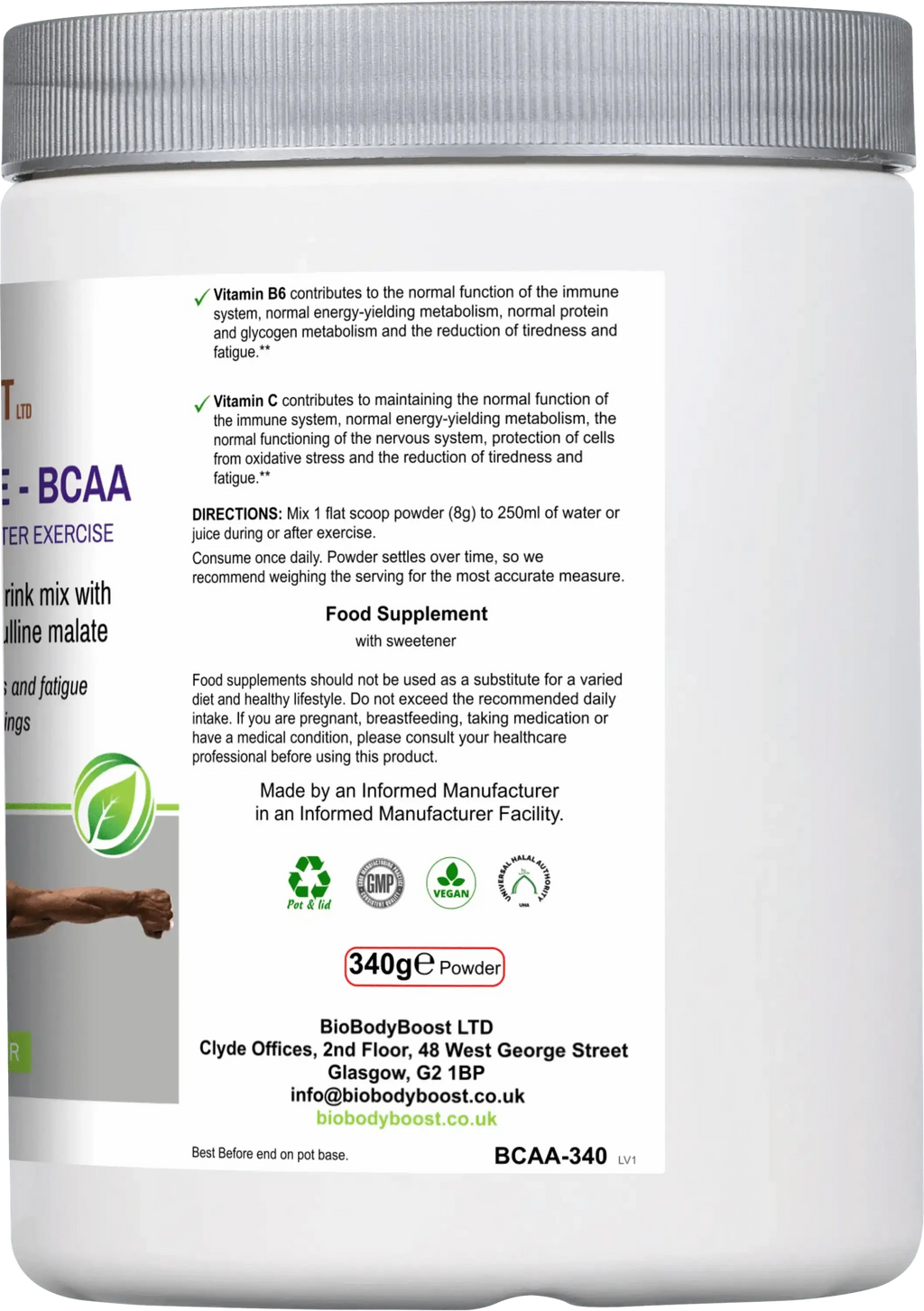 BCAA Amino Acids - Lemon Lime Workout Drink Mix Muscle Recovery 240g