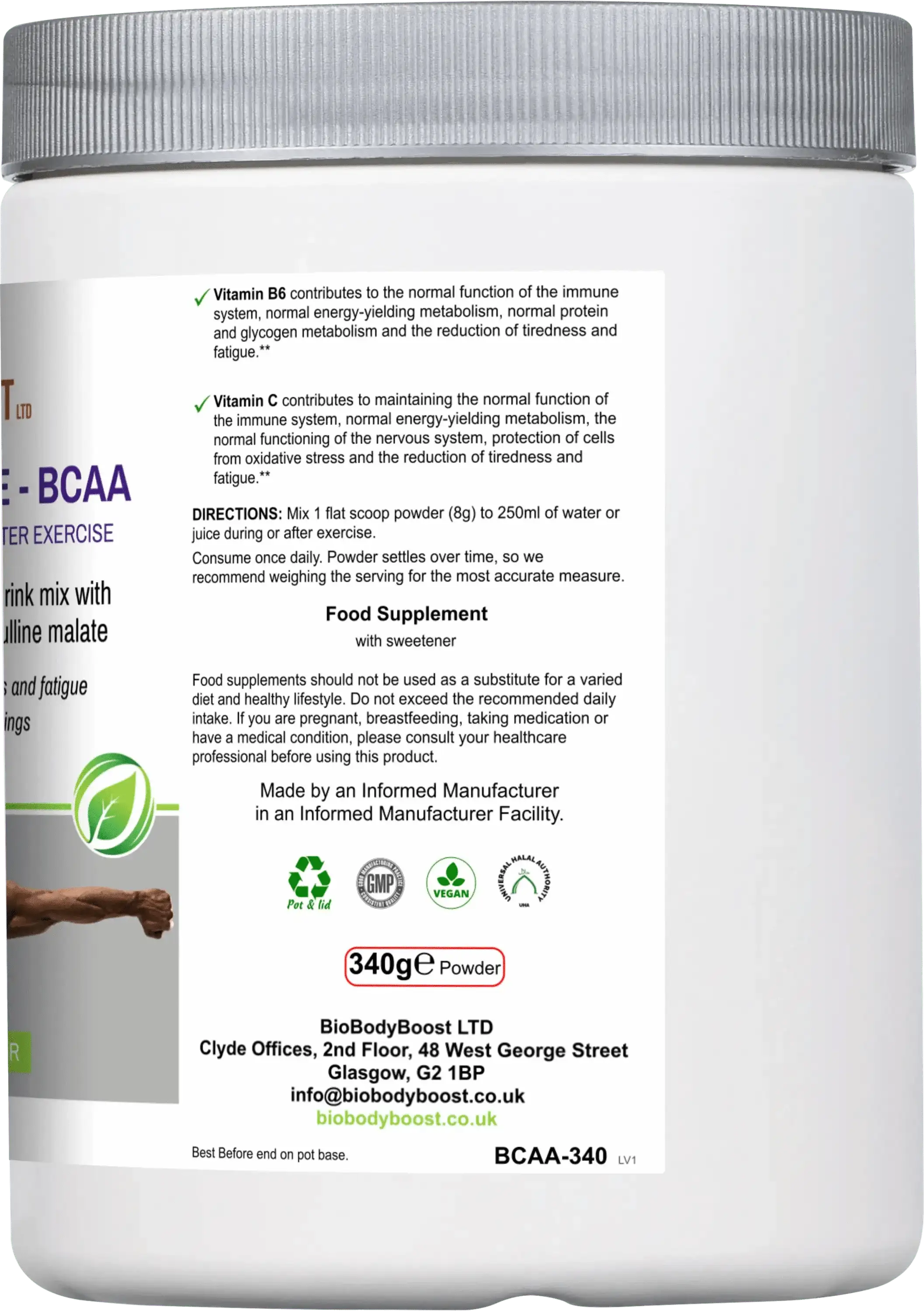 BCAA Amino Acids - Lemon Lime Workout Drink Mix Muscle Recovery 240g