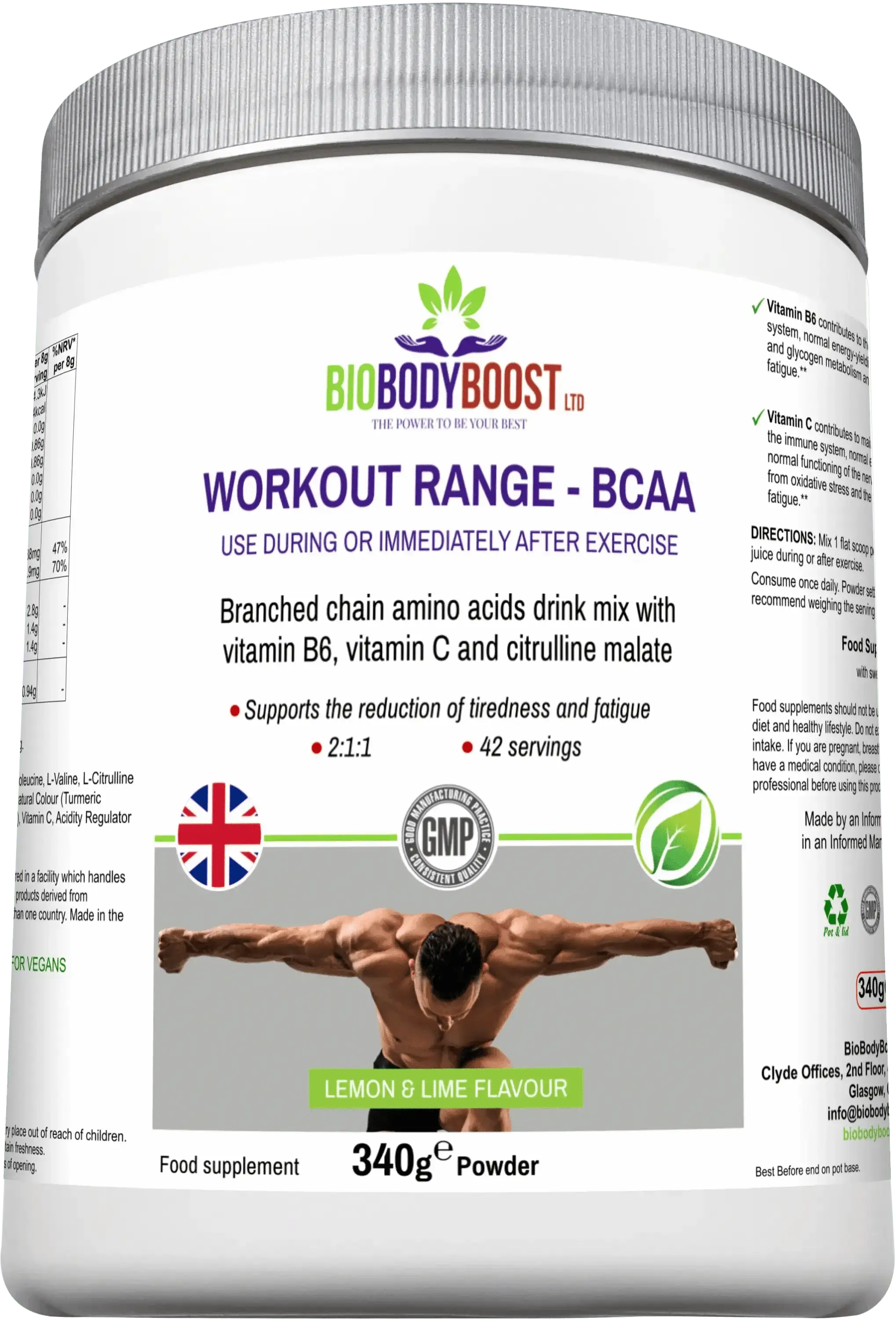 BCAA Amino Acids - Lemon Lime Workout Drink Mix Muscle Recovery 240g