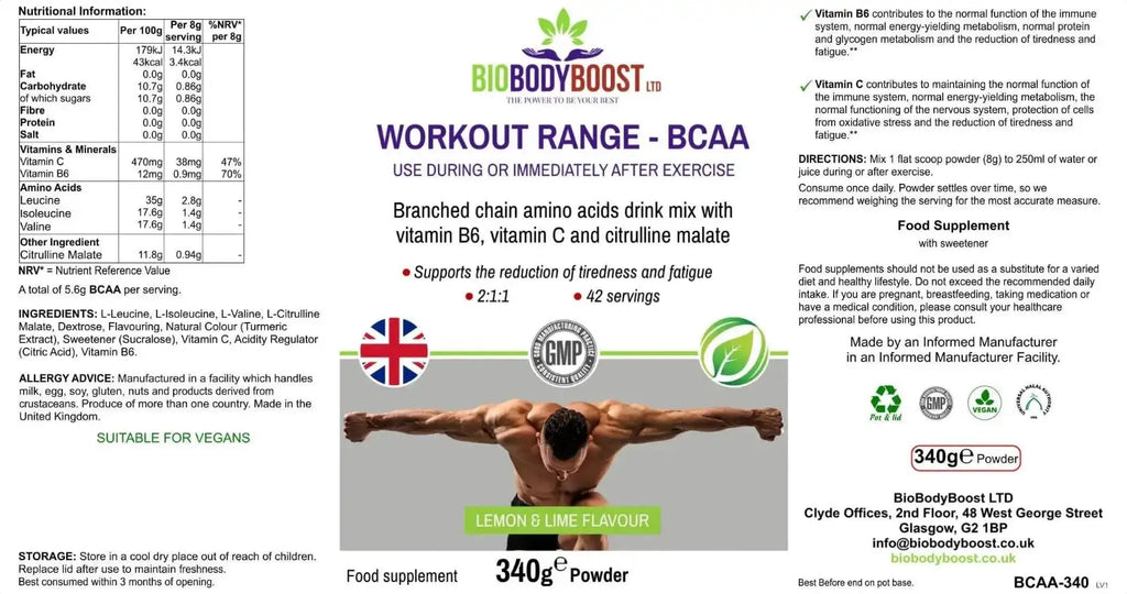 BCAA Amino Acids - Lemon Lime Workout Drink Mix Muscle Recovery 240g