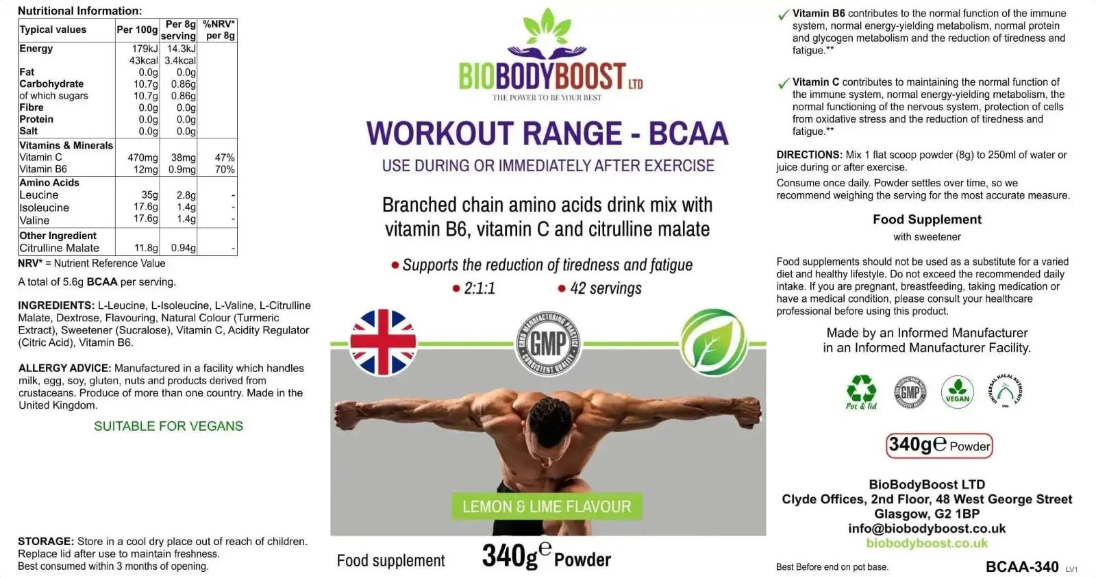 BCAA Amino Acids - Lemon Lime Workout Drink Mix Muscle Recovery 240g