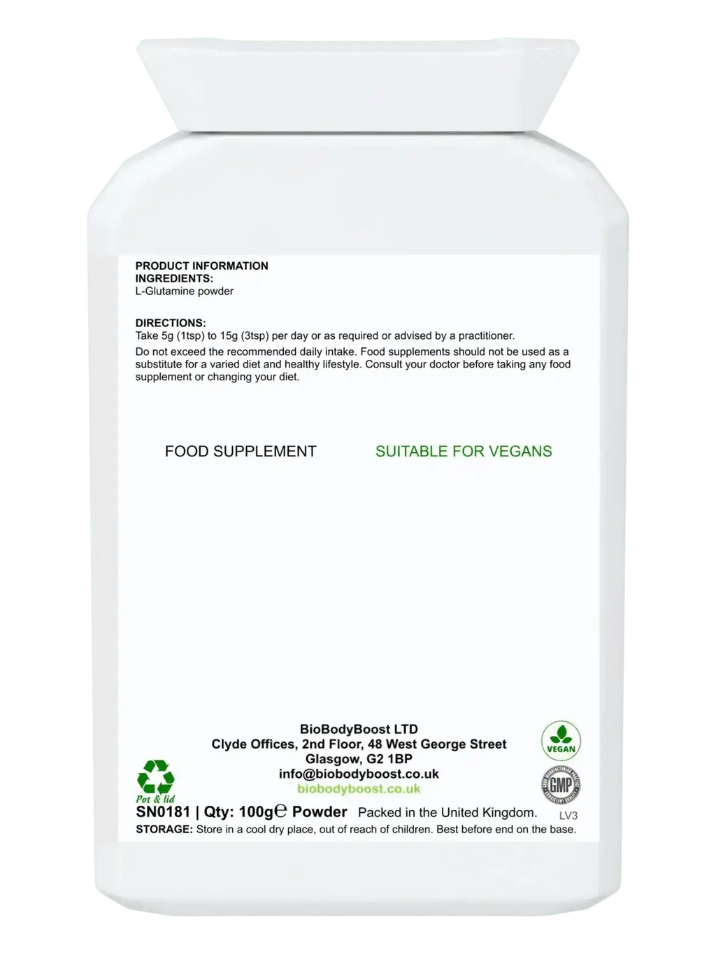 L-Glutamine Powder - 100% Pure Vegan Amino Acid Recovery 100g