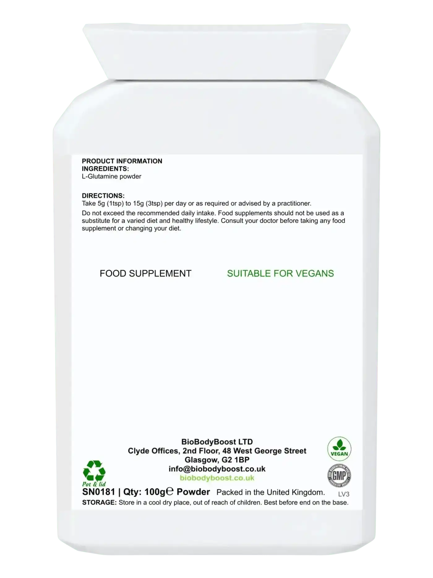 L-Glutamine Powder - 100% Pure Vegan Amino Acid Recovery 100g