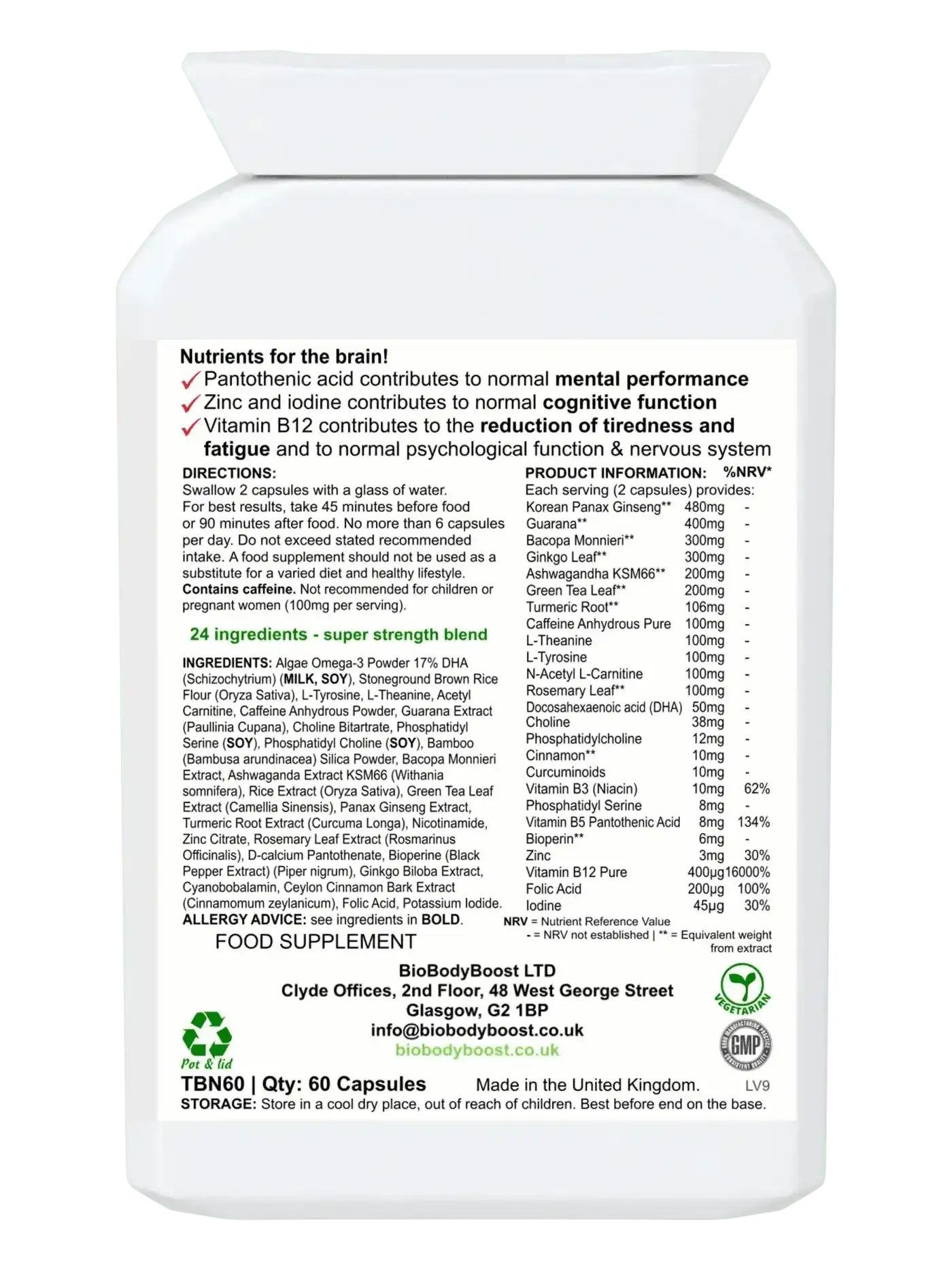 BioBrain Nootropics - Natural Brain Focus Energy Supplement 60 Capsules