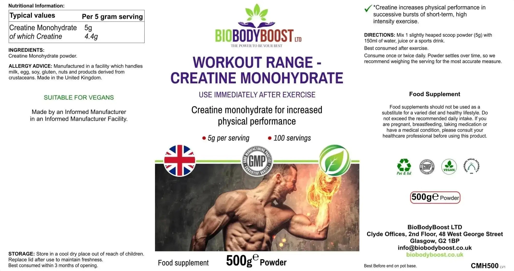 Creatine Monohydrate Powder - Pure Workout Supplement 100g