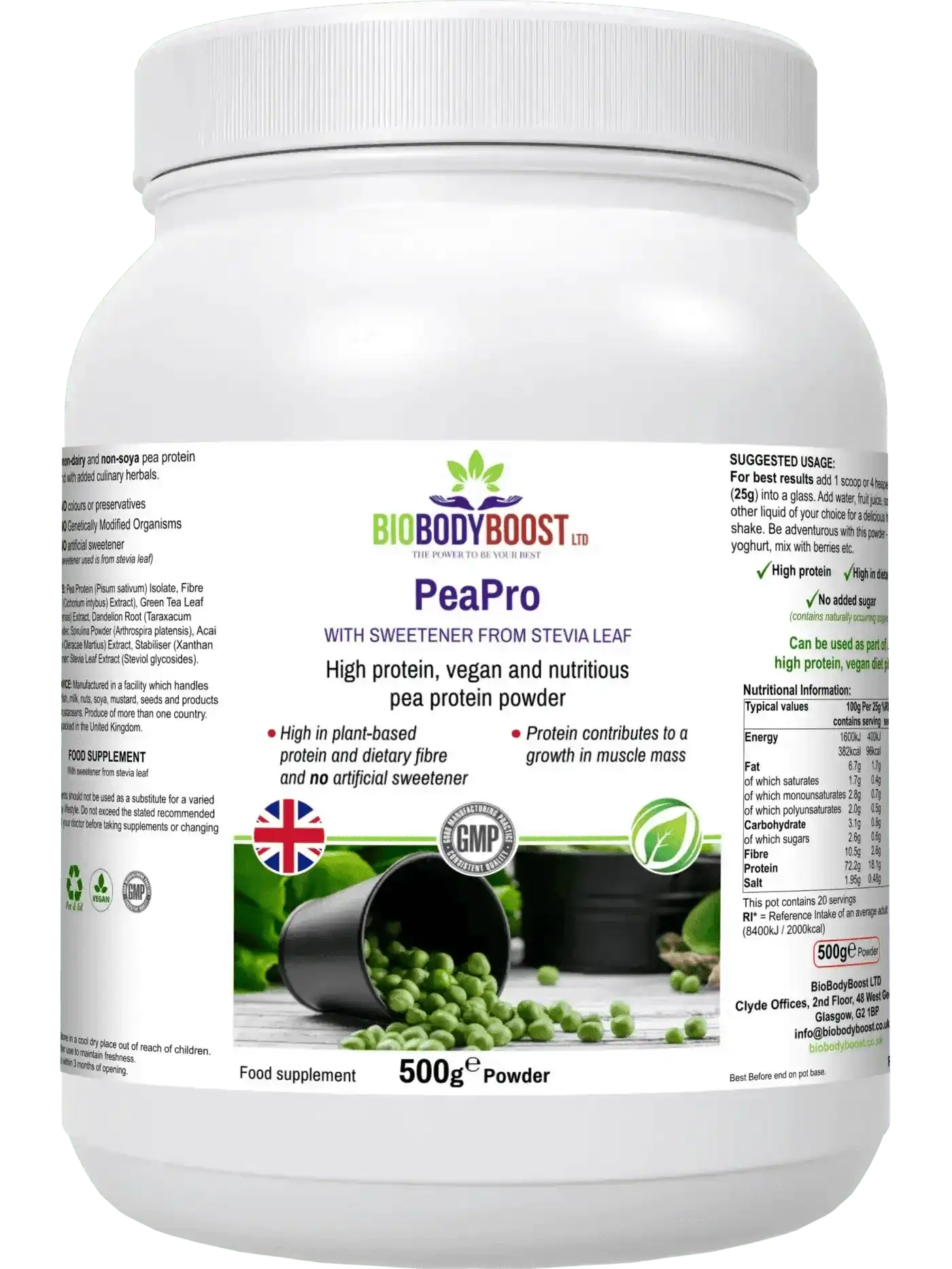 PeaPro Vegan Pea Protein - Plant-Based Protein Isolate Powder 500g