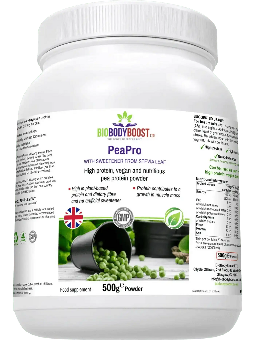 PeaPro Vegan Pea Protein - Plant-Based Protein Isolate Powder 500g