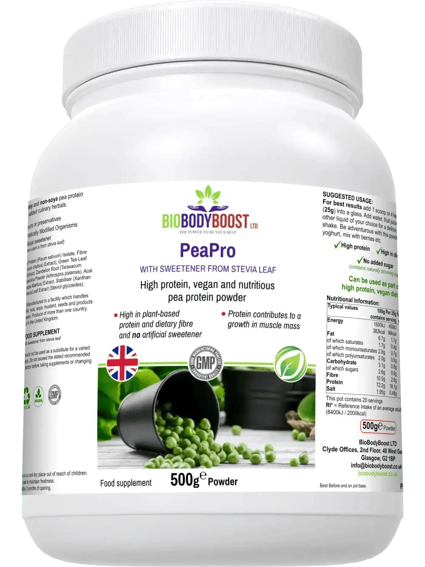 PeaPro Vegan Pea Protein - Plant-Based Protein Isolate Powder 500g