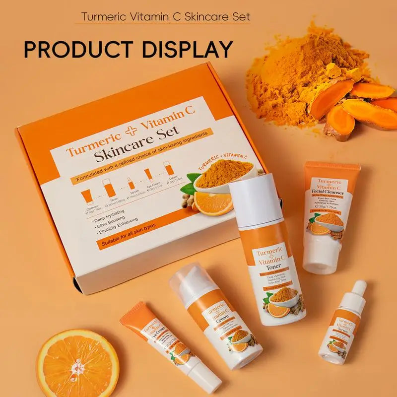 Turmeric skin care set packaging 5-piece gift set cleanser toner serum eye cream moisturizer
