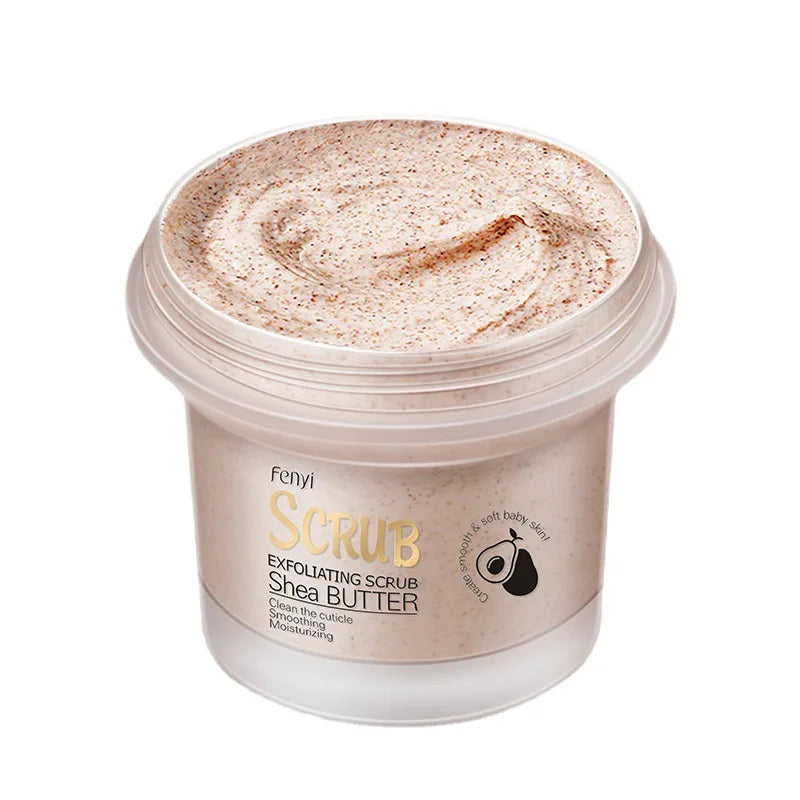 Creamy shea butter scrub texture with natural exfoliating particles for gentle face body treatment
